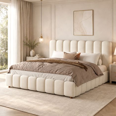 Cama de matrimonio con canapé 180x200 cm hidráulica de terciopelo beige con somier OKMYHOME (1/5)