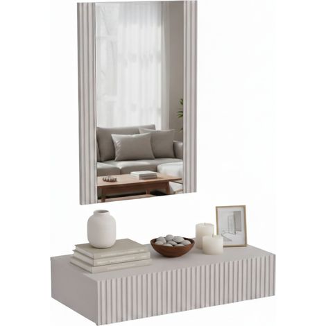 Consolle Premolo, Entratina sospesa con specchio, Design moderno con effetto cannettato, 80x42 h97 cm, Beige