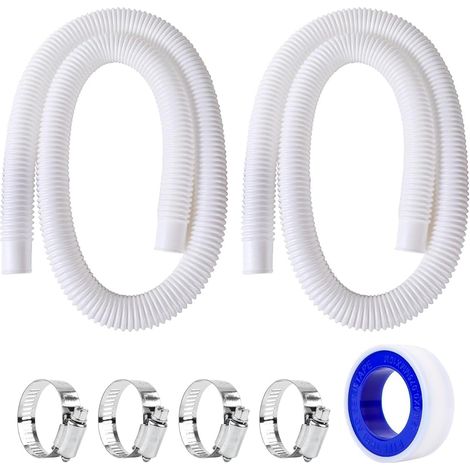 Lot de 2 tuyaux de piscine de 32 mm avec manchons, blanc, tuyau flexible pour pompe, avec 4 clips de sécurité (1/5)