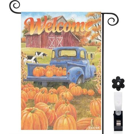 Drapeau de jardin automne 30 x 45 cm motif citrouilles et camion ancien toile double face résistante pour extérieur (1/5)