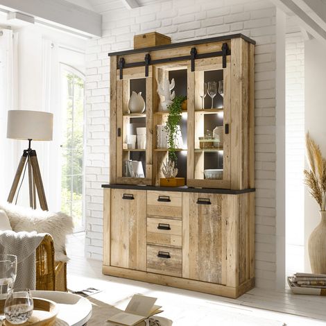 Buffetschrank inkl. Beleuchtung SHELTON-61 in Old Style hell Nb. mit anthrazit, B/H/T: ca. 133/201/38 cm (1/5)