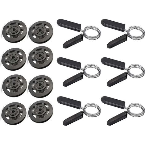 Huit poulies à roulement noir de 95 mm avec câble en acier et six pinces à haltères/clips à ressort de 1 pouce (25 mm). (1/5)