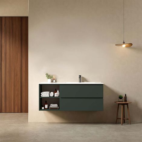 Mobile bagno sospeso 120 cm Verde Comodoro Lavabo a Destra in Ceramica Senza Specchio - Fiji Paint Plus (1/4)