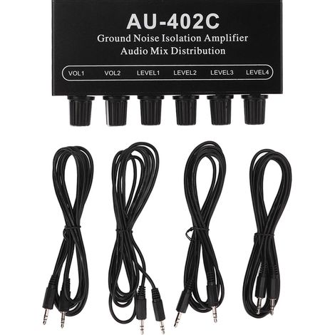 Stereo Dual Channel Audio Splitter 4 in 2 Out Mixer Ground Noise Isolation Amplifier with Cable