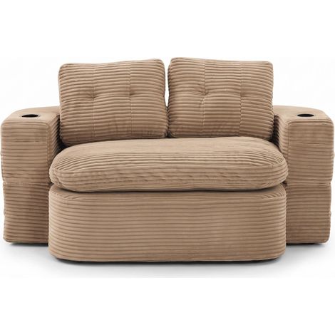 FurnitureR Khaki 2-Sitzer Cord-Schlafsofa mit 2 Getränkehaltern, Khakifarbenes Cordsofa, umbaubar zur Liegefläche, mit abnehmbaren Armlehnen, Becherhaltern und Seitentaschen. (1/5)