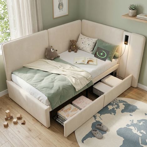 Lit coffre 90x200 cm avec 2 tiroirs, charge USB, lampe lecture, design moderne, sommier lattes inclus, canapé-lit, velours - beige (1/5)