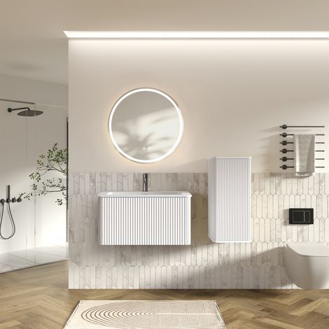 Ensemble de meubles de salle de bains avec lavabo et miroir LED, meuble vasque mural de 80 cm de large avec lavabo, miroir de salle de bains rond, ensemble de meubles de salle de bains moderne avec ar (1/3)