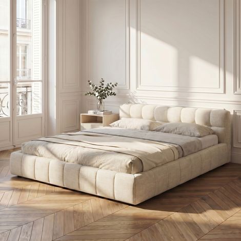 Lit adulte 140x190 cm avec sommier, lin capitonné, tête de lit moelleux, style scandinave, lit double - Beige
