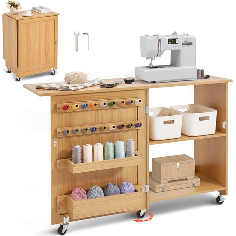 Table à coudre pliante, rangement multifonction avec roulettes, étagères et plateaux, portes magnétiques, design compact, bois naturel. (1/5)