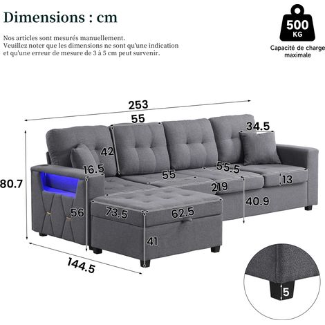 Canapé d'angle modulaire L avec pouf de rangement repositionnable, grand espace de stockage intégré, accoudoirs à double compartiment, ports de charge USB sur les deux accoudoirs et éclairage LED d'am (1/5)