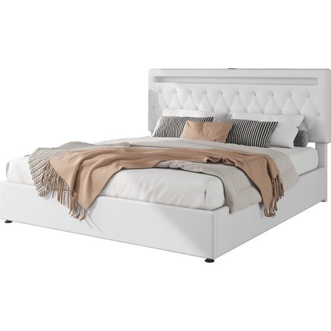 Lit 180x200cm avec tête de lit rembourrée, sommier hydraulique relevable, éclairage LED multicolore, port USB, blanc (1/5)