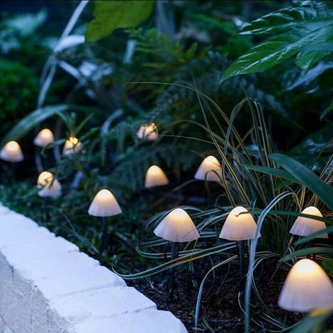 lot de 12 lampes solaires, champignon, fer et abs, 3,8m, jardin, allée