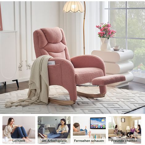 Fauteuil à bascule 052, relaxeur avec accoudoirs, chaise de salon rembourrée en tissu teddy rose, siège d'appoint pour chambre, capacité 110 kg (1/5)