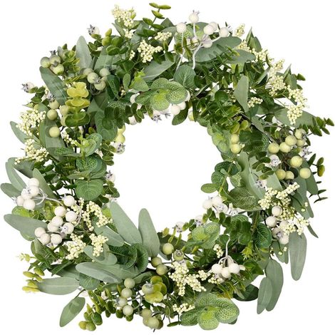Couronne d'eucalyptus artificiel vert, idéale pour le printemps et l'été, avec des baies blanches, pour décorer une porte d'entrée, un mur, une fenêtre, un porche, une terrasse ou un jardin. (1/4)