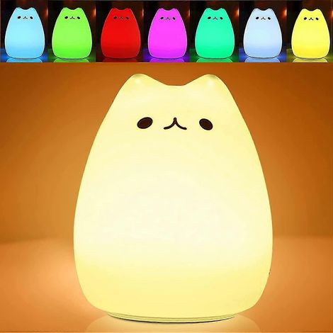 Veilleuse mignonne pour enfants, lampe chat portable LED multicolore en silicone, deux modes d'éclairage (blanc chaud et 7 couleurs), commande tactile. (1/5)