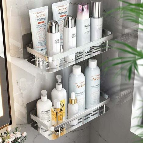 Estante de ducha de aluminio - Almacenamiento para baño - Ducha - Plateado, no requiere perforación, autoadhesivo - Individuals-Crezuo