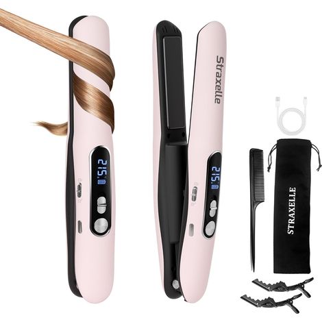 Mini Lisseur Sans Fil et Boucleur Cheveux 2 en 1 Fer a Lisser avec 5000mAh  3 Températures Réglables 175°C-215°C, Lisseur de Voyage avec écran LED pour Tous Types de Cheveux (Rose) (1/5)
