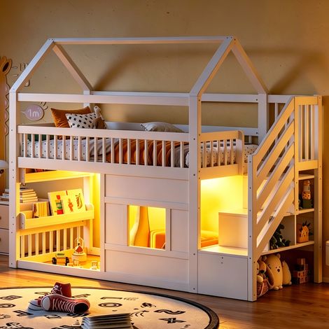 Lit mezzanine enfant 90x200 cm avec LED et escalier à 2 rangements Lit cabane mi-hauteur avec fenêtre décorative pin massif, Blanc (1/5)