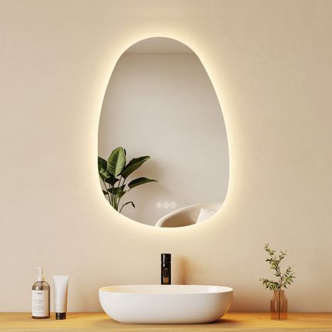 EMKE LED Badezimmerspiegel 45x65cm Kieselsteinform Wandspiegel 3 Lichtfarben Dimmbar Anti Fog Touch Schalter Auto Off (1/5)