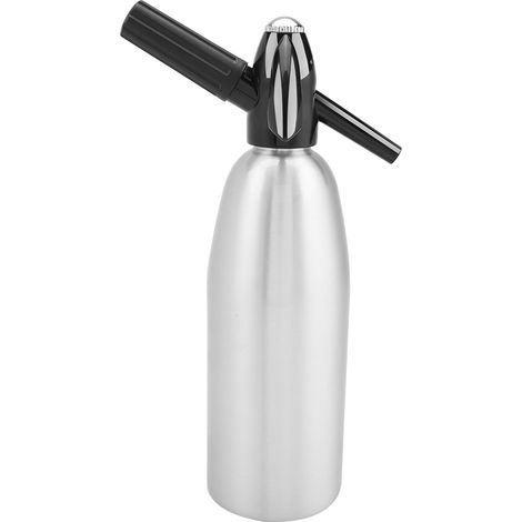 Stilvolle, isolierte Aluminiumflasche mit Druckregler, silbernes Sodaglas, robuste Flasche für kohlensäurehaltige Getränke, moderne Barausstattung, trendiges Accessoire. (1/5)