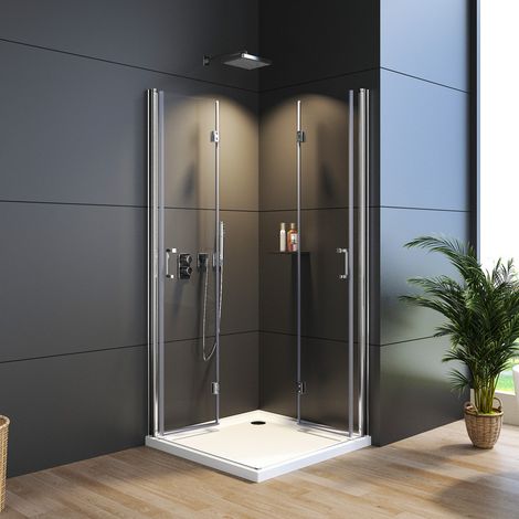 Duschkabine Falttür 90x90 cm Eckeinstieg 180° Rahmenlos Duschabtrennung Eckeinstieg Drehfalttür Dusche Eckdusche mit Doppel Falttüren, 6mm Nano Beschichtung ESG Glas, Faltbar Duschwand Höhe 195cm