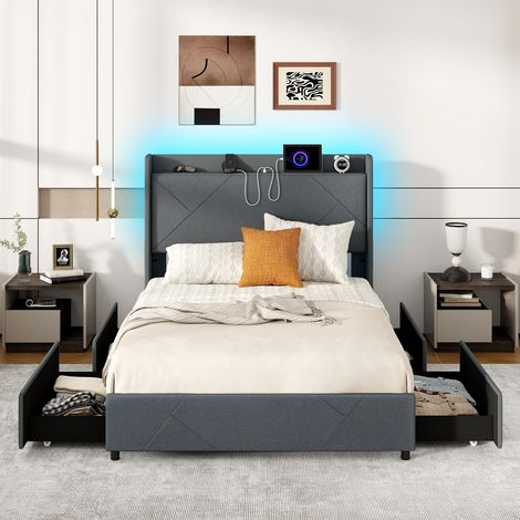 COSTWAY Letto Matrimoniale 140 x 200 cm, Letto Imbottito con Testiera, Luci LED, Stazione di Ricarica, 2 Tasche e 4 Cassetti, Carico 500kg, Silenzioso (1/5)