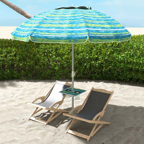 Parasol plage inclinable rond Ø190cm table porte-gobelet sac transport inclus protection UV50+