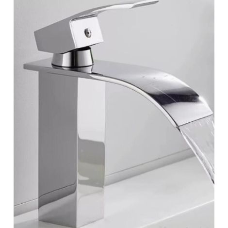 Robinet de salle de bain style cascade – Mitigeur monotrou eau chaude/eau froide – Bec courbé – Profil bas – Chrome – Argent : 17 x 6 x 20,5 cm (1/5)
