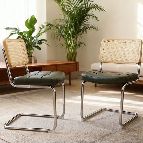 Sedia da pranzo cromata verde con rattan e seduta imbottita, impilabile, stile moderno (1/5)