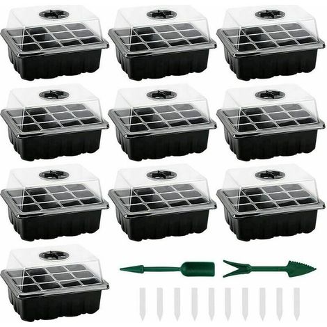 Lot de 10 mini serres pour semis, 120 alvéoles, plateau et couvercle inclus, idéal pour la culture de graines d'intérieur (1/4)