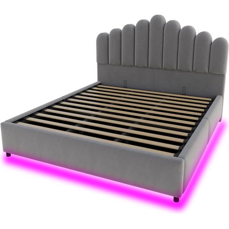 Lit coffre 180 x 200 cm en velours gris avec rangement hydraulique et éclairage LED, tête de lit rembourrée confortable (1/5)