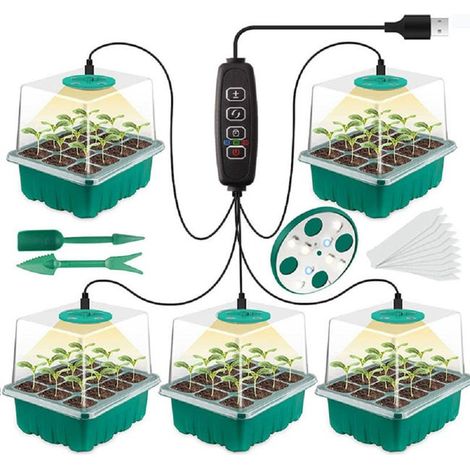 Paquet de 5 plateaux de démarrage de graines avec lumière de croissance, kit de germination en serre pour la culture de graines (12x5, 60 cellules)