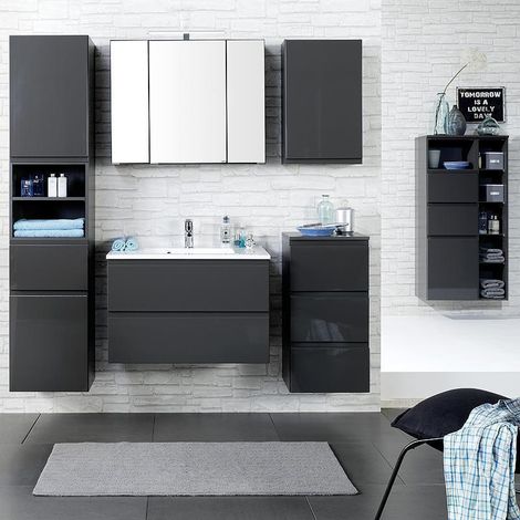 Badmöbel Set COMO-03, 6-teilig inkl. Midischrank, Hochglanz grau, 80cm Waschtisch (1/5)