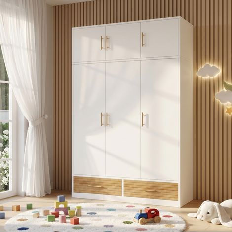 Armoire 3 portes 120x50x180 cm avec penderie, étagères, 2 tiroirs et compartiment haut, MDF blanc (1/5)