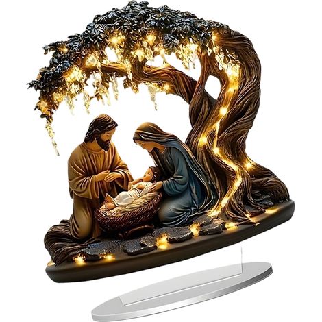 Nativity Scene - Resin Holy Family Ornament with Warm LED Light - Christmas Home Decoration - 16 x 15.5 cm - 1 Piece (1/5)