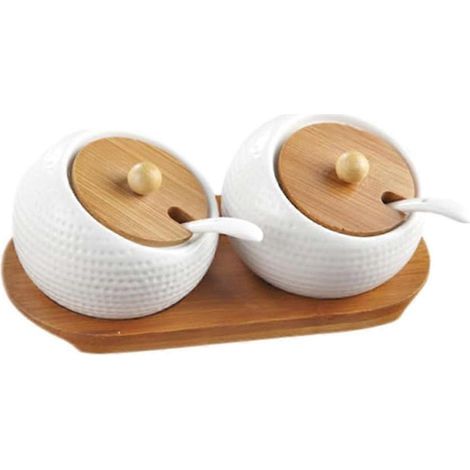 Ensemble de pots à épices en céramique, 2 pièces avec couvercles en bambou, 2 cuillères en céramique, palette en bois pour le sucre et les épices, (1/5)