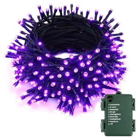 Decoración exterior de Halloween, cadena de luces LED moradas de 10 m y 100 LED, 8 modos, impermeable, funciona con pilas, para árbol de Navidad de interior, para jardín, valla, patio, boda, festival,