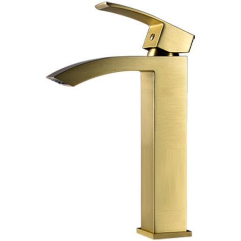 Robinet de lavabo haut à effet cascade en acier inoxydable 304, design incurvé, poignée relevable, doré (1/5)