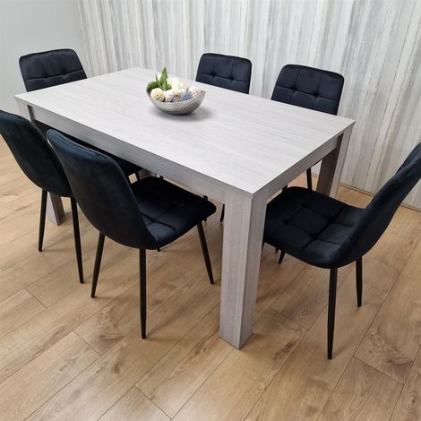 Dining Table and 6 Chairs Grey 6  Black Velvet Chairs Wood Dining Set Furniture (1/5)