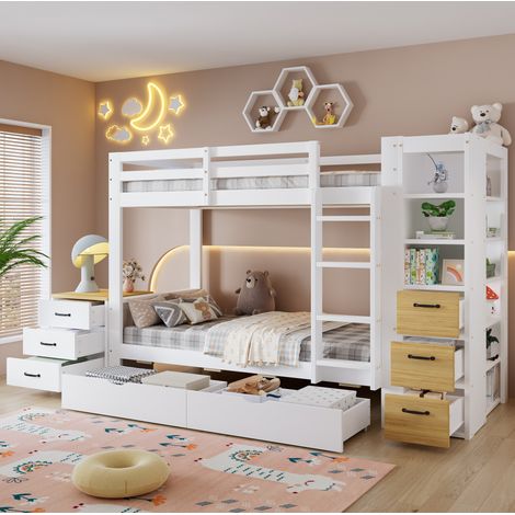 Lit superposé 90/200 cm en bois blanc et naturel avec 2 tiroirs, rangement latéral et table de chevet (1/5)