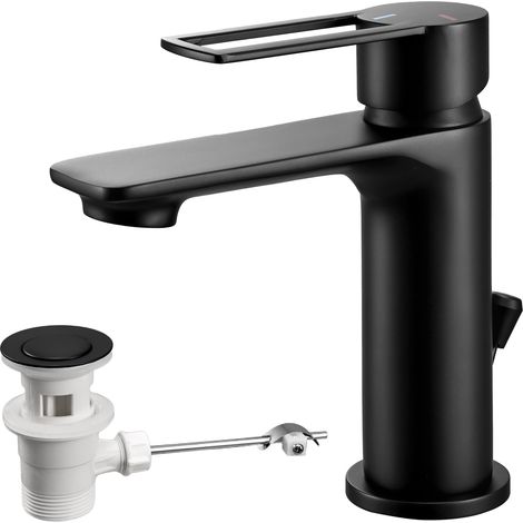 Robinet de salle de bain avec tirette - Mitigeur monocommande avec vidage - Noir (1/5)