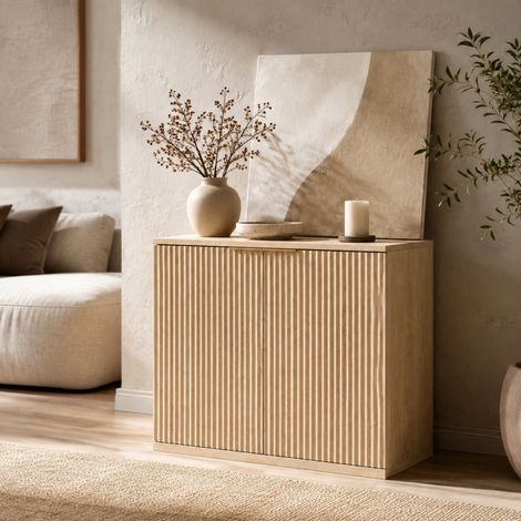 Buffet 80/40/80 cm coloris chêne, façade rainurée et grand espace de rangement (1/5)