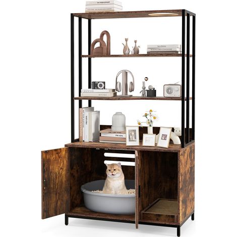 COSTWAY Cat Litter Box Enclosure 154cm Hidden Cat Washroom Furniture-Coffee