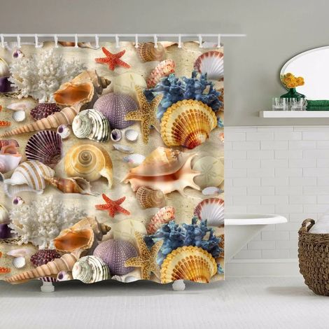 Rideau de douche à motif coquillages, étoiles de mer, conques, palmiers bleus, coucher de soleil, paysage naturel, décoration de salle de bain, 200 x 180 cm (78 x 70 pouces),