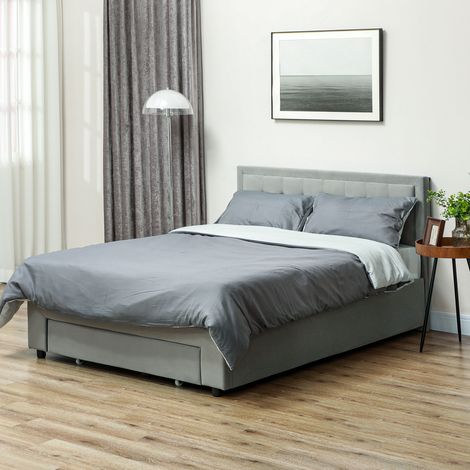 Struttura letto matrimoniale con base contenitore a molla a gas, cassetto su rotelle, testiera regolabile rivestita in velluto effetto velluto, grigio (1/5)