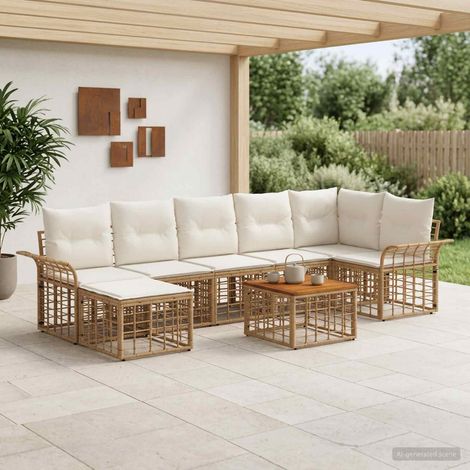 Salon de jardin d’angle modulable 8 pièces en poly rotin blanc naturel et crème - PANGIVO (1/5)