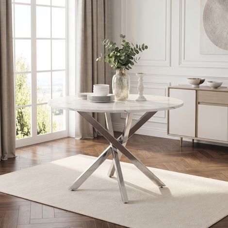 Table de repas ronde 80 x 80 x 75 cm effet marbre blanc et pieds argentés (1/5)