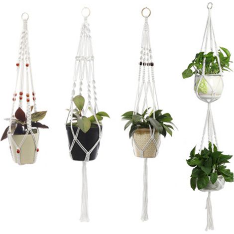 Ensemble de 4 supports pour plantes suspendus d'intérieur, paniers décoratifs avec 4 crochets, pour la décoration intérieure et extérieure, coffret cadeau, combinaison 3 (1/4)