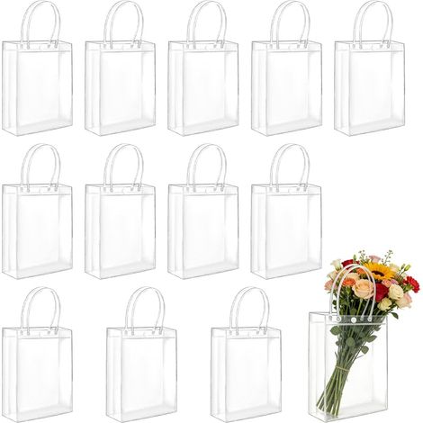 12 sacchetti regalo trasparenti con manici, 23 x 17 x 6 cm. Sacchetti regalo trasparenti riutilizzabili, sacchetti per la spesa in PVC trasparente adatti per feste, matrimoni, compleanni e shopping. (1/5)