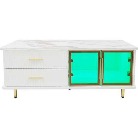 GagaGagaTable basse LED blanche avec verre trempé et tiroirs, dorée (1/5)